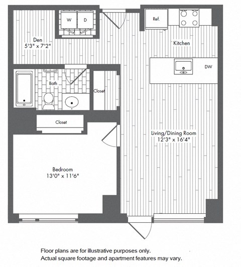 Floor plan for 1 bed, 1 bath, 766 sqft